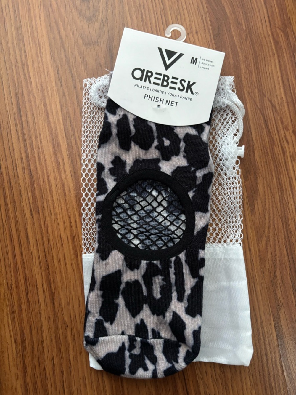 Arebesk Phish Net Pilates Socks - Black & Gray Leopard Size M